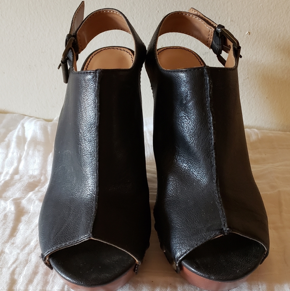 Nine West "Mckee" Black Peep Toe Wedge Heels